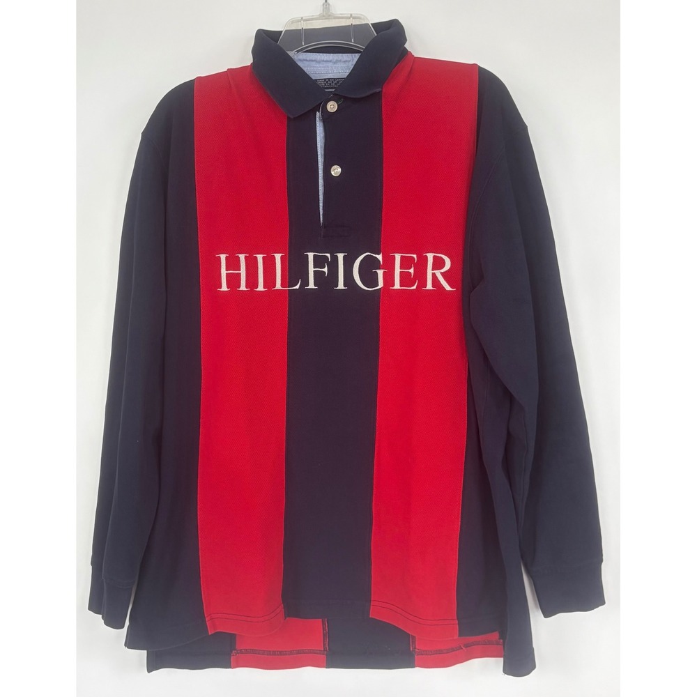 Tommy Hilfiger Mens Long Sleeve‎ Polo Shirt Navy Red Vertical Stripe Vintage L